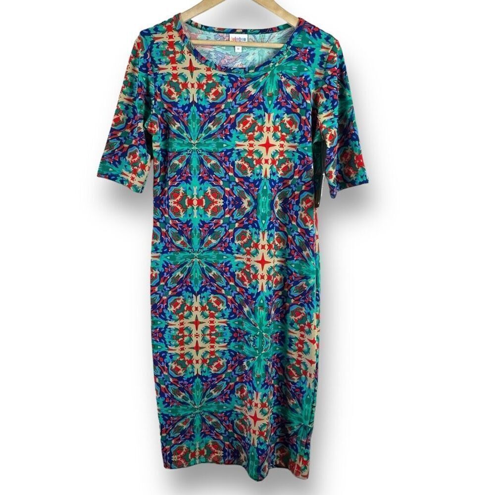 LuLaRoe Size M Julia Kaleidoscope Print Midi Dress Short Sleeve Vibrant Colorful